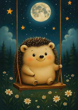 Cute Hedgehog on Swing at Night