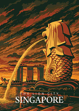 Singapore Travel Poster: Merlion and Marina Bay Art Print