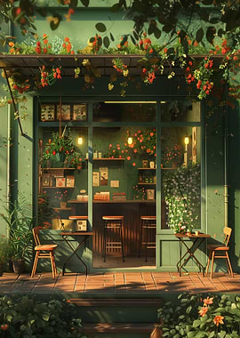 Charming Green Cafe with Floral Decor