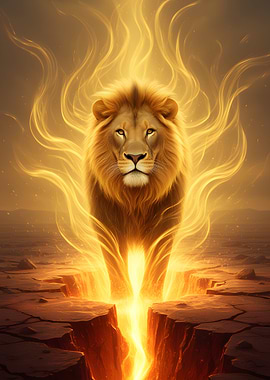 Fiery Lion Emerging from Cracked Earth