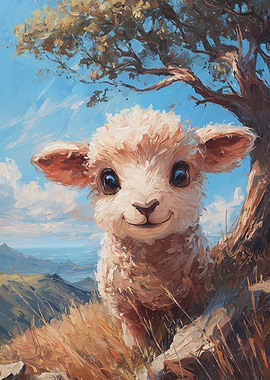 Cute Lamb Portrait Under a Tree