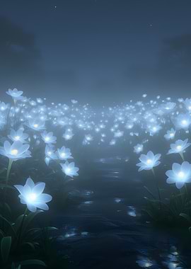 Glowing Flowers in Misty Night