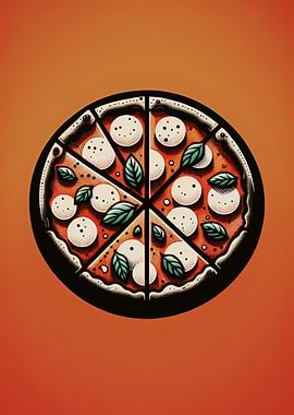 Margherita Pizza Illustration on Orange Background