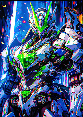 Futuristic Robot Warrior with Green Accents