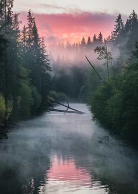 Misty River at Sunset