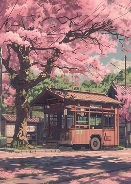Cherry Blossom Bus Stop Anime Style