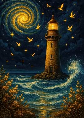 Lighthouse under starry night sky