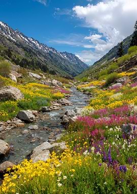 Mountain Stream with Wildflowers
