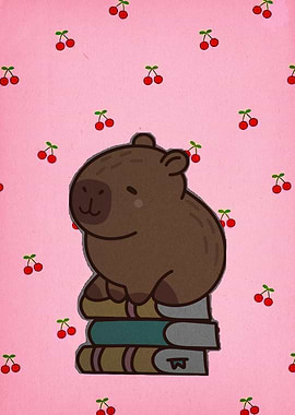 Capybara on Books with Cherry Background
