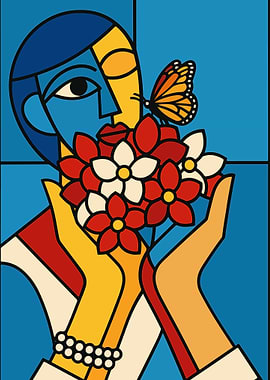 Picasso Style Cubist Woman with Flowers and Butterfly