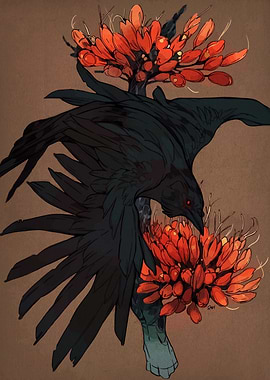 Raven and Red Flowers Illustration