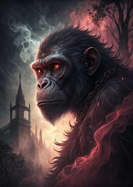 Ape with Glowing Eyes and Castle