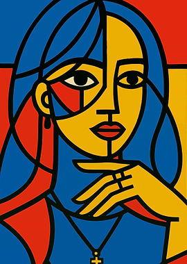 Picasso Style Cubist Woman with Cross Necklace