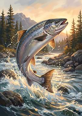 Salmon leaping from river painting