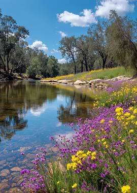 Riverbank With Wildflowers in Spring
