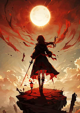 Warrior Woman Under Fiery Sky