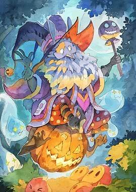 Whimsical Halloween Wizard and Ghosts