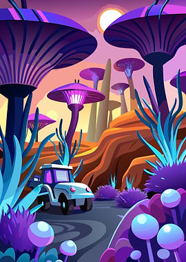 Vibrant Alien Bloom Expedition with Advanced Rover Metal Wall Print Art