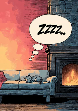 Sleeping Cat by Fireplace Comic Art