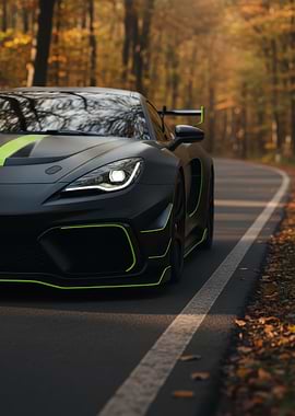 Sleek Black Sports Car on Autumn Road
