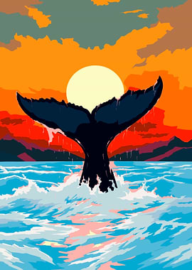 Whale Tail Sunset Pixel Art