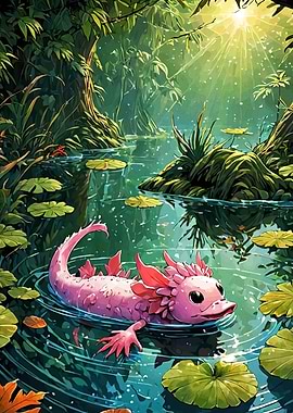Pink Axolotl in Lush Green Pond