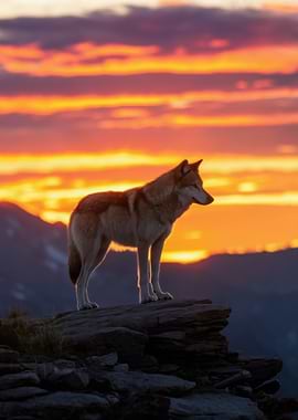 Wolf on a mountain at sunset