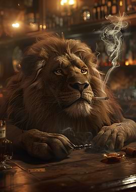 Lion Smoking Cigarette at Bar