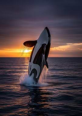 Orca breaching at sunset