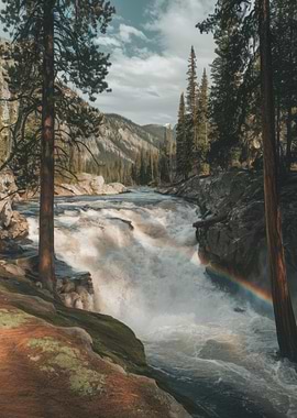 Waterfall with Rainbow in Forest