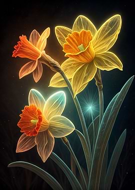 Glowing Daffodils on Dark Background