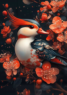 Mandarin Duck with Orange Flowers