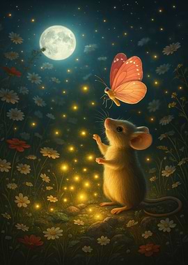Mouse and Butterfly Under Moonlight