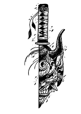 Samurai Sword and Oni Mask Illustration
