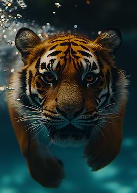 Tiger swimming underwater close-up