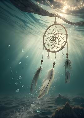 Underwater Dreamcatcher with Feathers and Bubbles