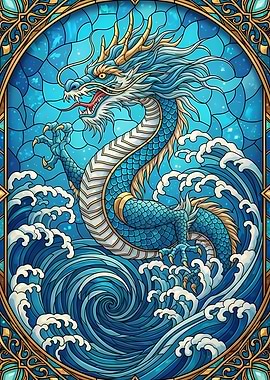 Blue Dragon in Ocean Stained Glass
