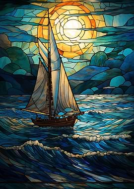 Stained Glass Sailboat at Sea