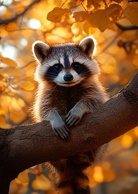 Raccoon on a branch in autumn