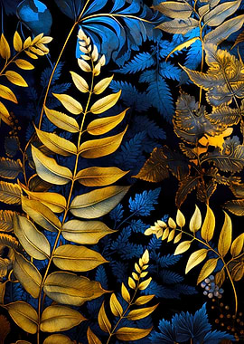 Golden and Blue Botanical Pattern