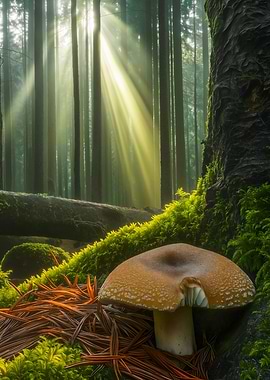 Mushroom in a sunlit forest