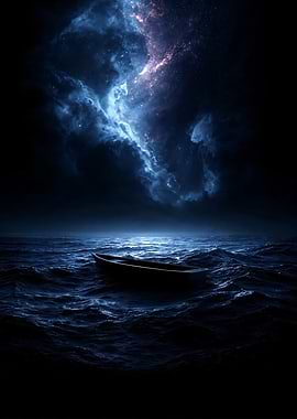 Boat in Dark Ocean with Nebula