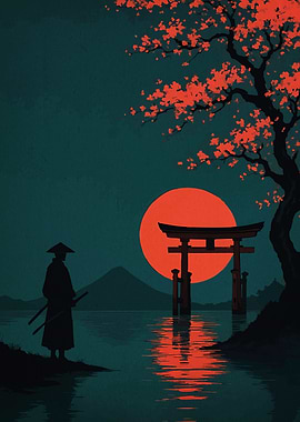 Samurai Torii Gate Silhouette