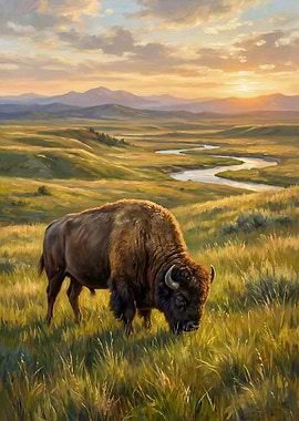 Bison Grazing at Sunset Painting