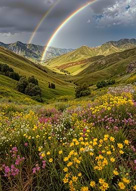 Spring Meadow with Double Rainbow