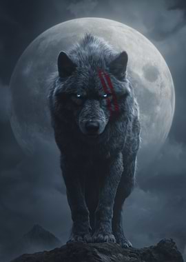 Wolf with Scars and Full Moon