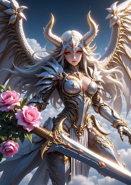 Winged Warrior with Roses and Sword