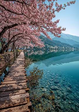 Spring Cherry Blossoms over Lake