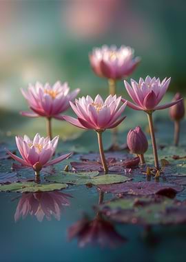 Pink Spring Water Lilies in Pond
