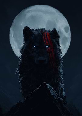 Wolf with Red Markings and Full Moon